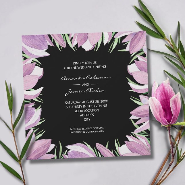Invitation Élégant Mariage de Magnolias Violet (Elegant purple and white magnolias square wedding invitations - INSTANT DOWNLOAD and/or PRINTED)