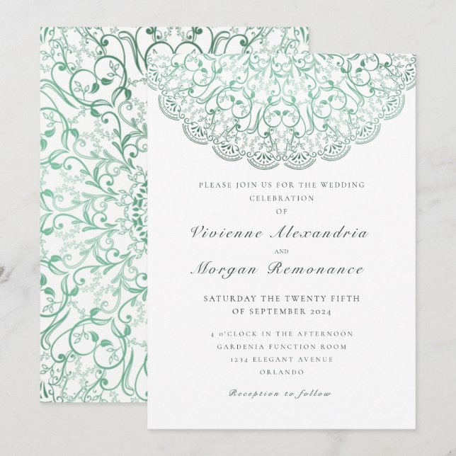 Invitation Elégant mariage de mandala vert dentelle (Devant / Derrière)