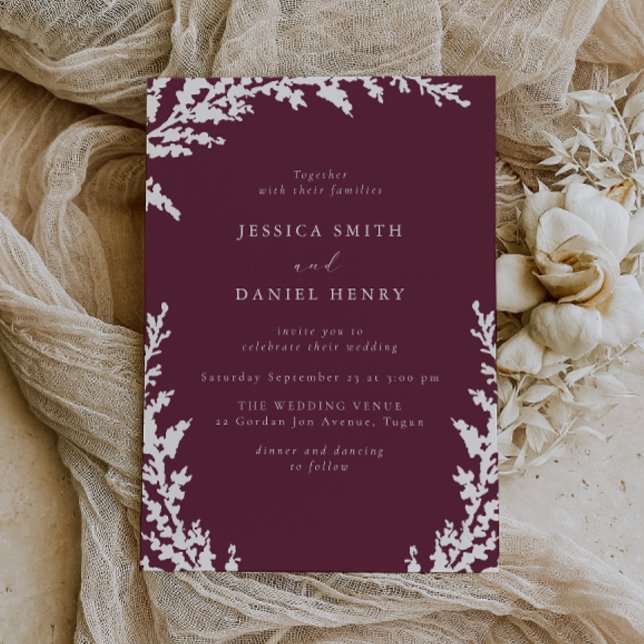 Invitation Élégant Mariage de Merlot blanc Boho Leaf Bourgogn (Créateur téléchargé)