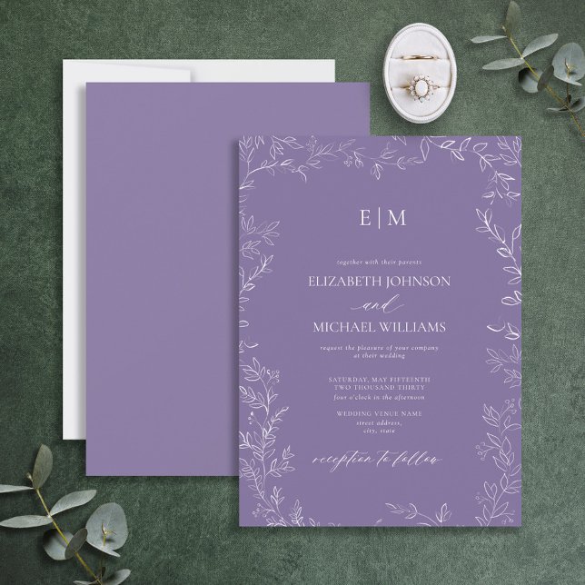Invitation Élégant Mariage de monogramme à feuilles minimales (Créateur téléchargé)