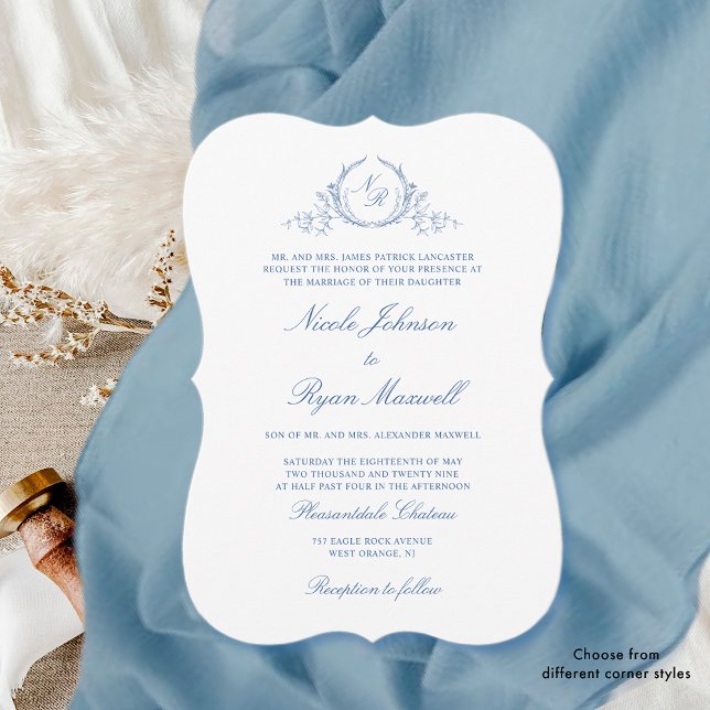 Invitation Élégant Mariage de monogramme bleu (Créateur téléchargé)