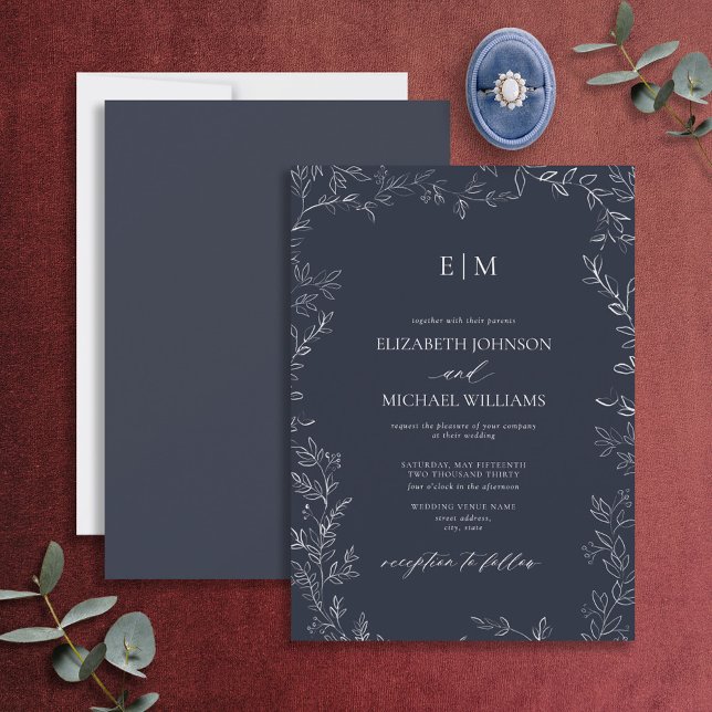 Invitation Élégant Mariage de monogramme bleu marine (Créateur téléchargé)