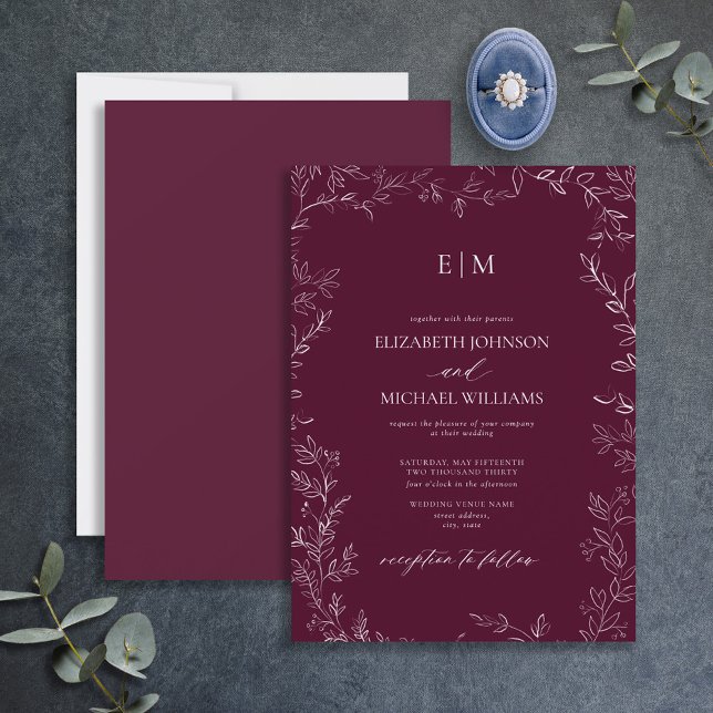 Invitation Élégant Mariage de monogramme Bourgogne à feuilles (Créateur téléchargé)