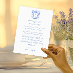 Invitation Élégant Mariage de Monogramme de crête Bleu et Bla