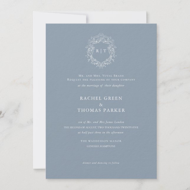 Invitation Élégant Mariage de monogramme de crête bleue Dusty (Devant)
