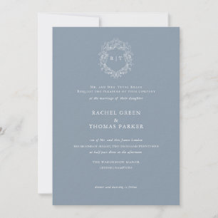Invitation Élégant Mariage de monogramme de crête bleue Dusty
