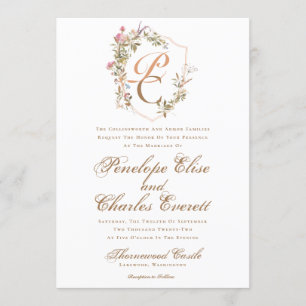 Invitation Élégant Mariage de monogramme de crête d'aquarelle