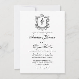 Invitation Élégant Mariage de Monogramme de crête noire et bl