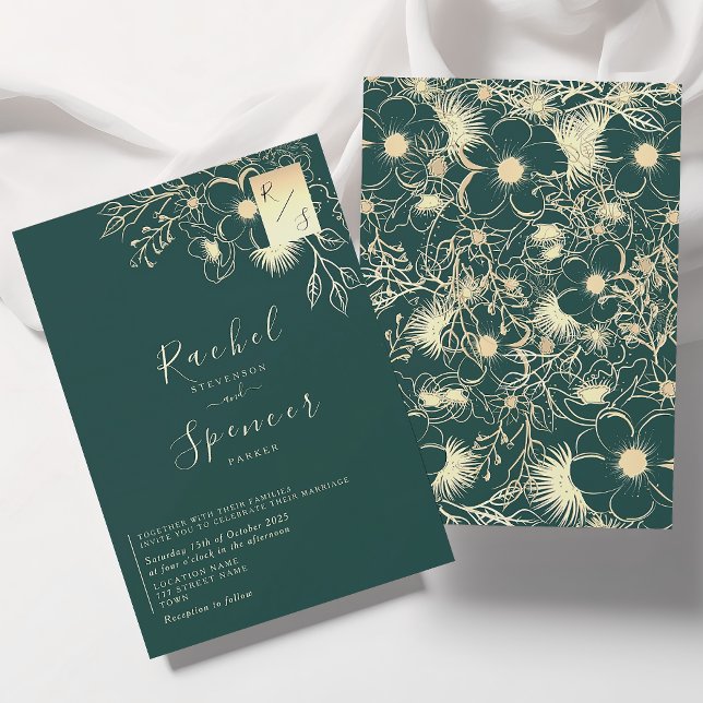 Invitation Élégant Mariage de monogramme d'émeraude d'or (Créateur téléchargé)