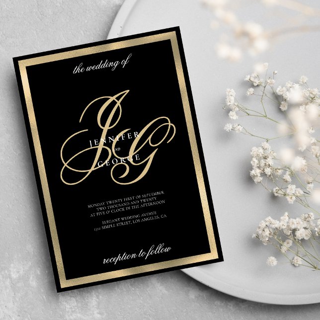 Invitation Élégant mariage de monogramme en or noir (Elegant black gold monogram initials wedding)