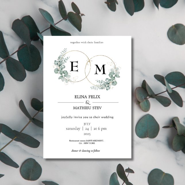 Invitation Elégant Mariage de monogramme Eucalyptus botanique (Créateur téléchargé)