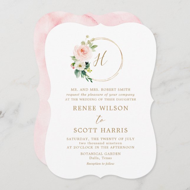 Invitation Elégant Mariage de monogramme floral à l'aquarelle (Devant / Derrière)