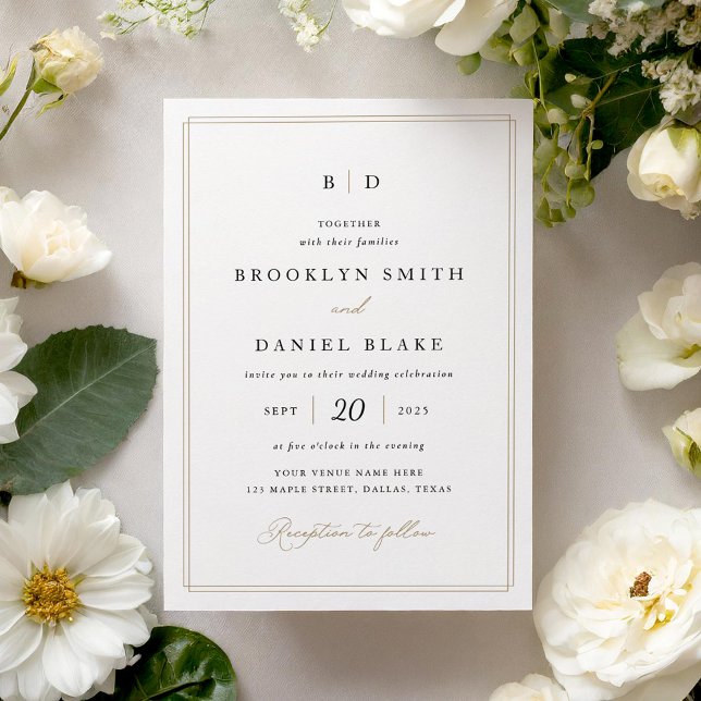 Invitation Élégant Mariage de Monogramme Formal Noir et Or (Créateur téléchargé)