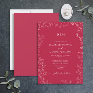 Invitation Élégant Mariage de monogramme Magenta Vivid Feuill