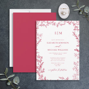 Invitation Élégant Mariage de monogramme Magenta Vivid Feuill