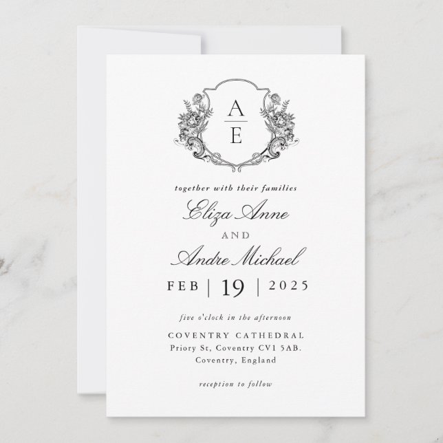 Invitation Élégant Mariage de monogramme noir et blanc (Devant)