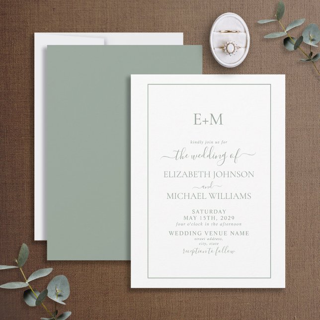 Invitation Élégant Mariage de monogramme officiel simple Sage (Créateur téléchargé)
