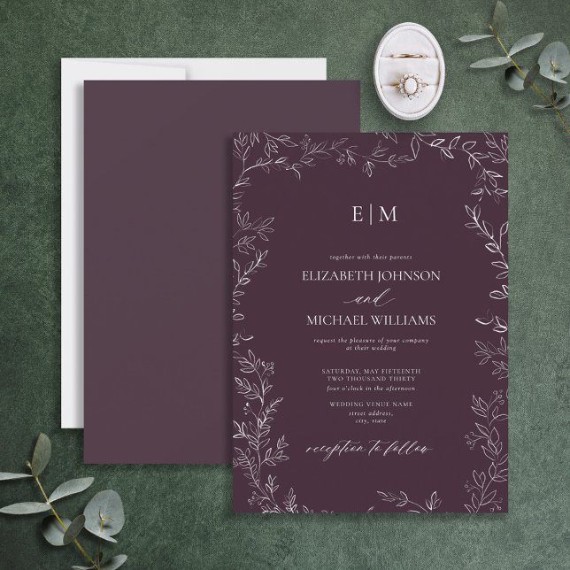 Invitation Élégant Mariage de monogramme pourpre à feuilles m (Créateur téléchargé)