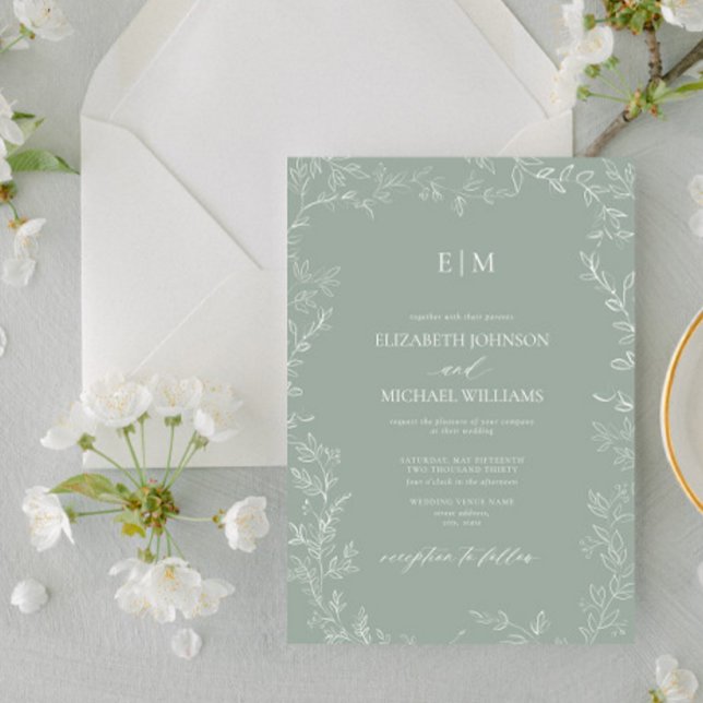 Invitation Élégant Mariage de monogramme vert de taille minim (Créateur téléchargé)