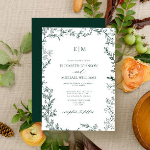 Invitation Élégant Mariage de monogramme vert Emeraude feuill