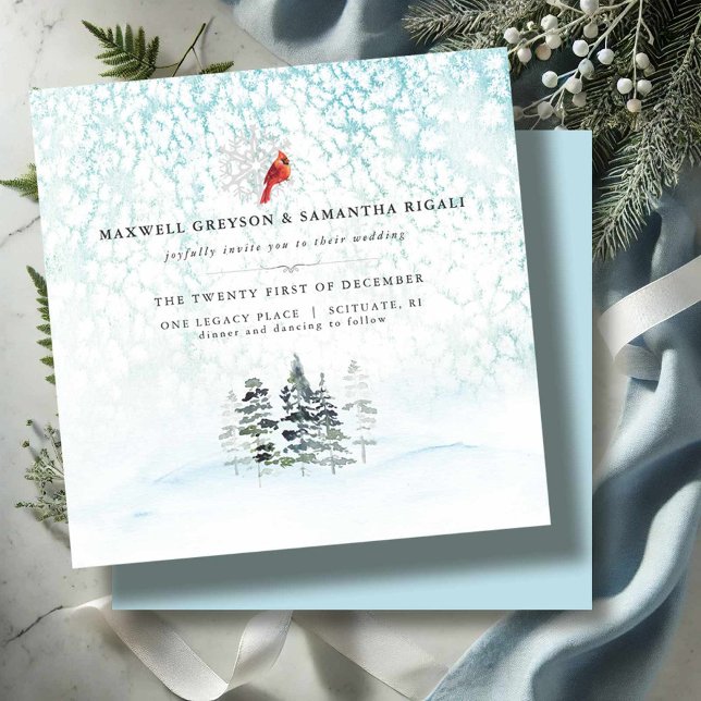 Invitation Élégant Mariage de montagne des Pins d'hiver (Mountain wedding invitations elegant wintery scene with pine trees and a cardinal in shades of blue)