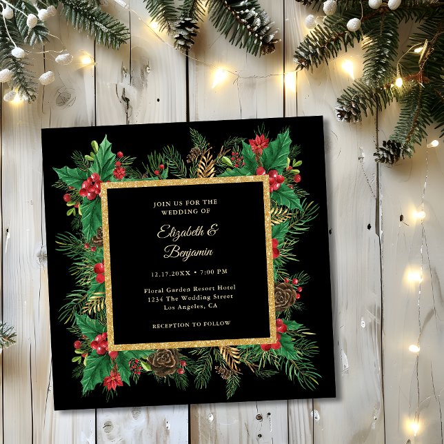 Invitation Élégant mariage de Noël avec verdure de pin noir o (Créateur téléchargé)