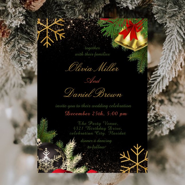 Invitation Élégant Mariage de Noël Black & Gold (Créateur téléchargé)