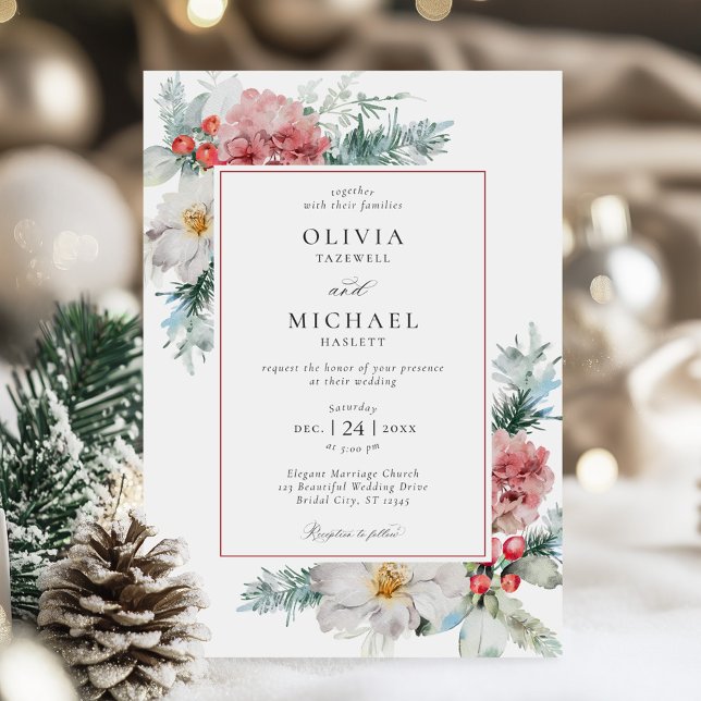 Invitation Élégant Mariage de Noël Floral d'hiver (Créateur téléchargé)