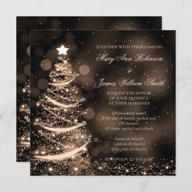 Invitation Élégant Mariage de Noël Noir & Or (Devant / Derrière)