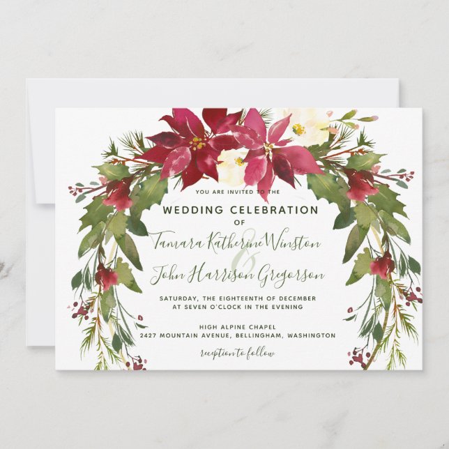 Invitation Élégant Mariage de Noël Poinsettia Floral hiver (Devant)