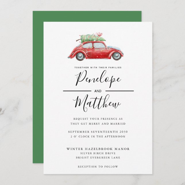 Invitation Elégant Mariage de Noël Rustic Car (Devant / Derrière)