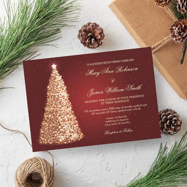 Invitation Élégant Mariage de Noël Sparkle Gold Red (Elegant Christmas Wedding Sparkle Gold Red Invitation)