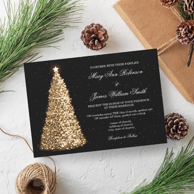 Invitation Élégant Mariage de Noël Sparkle Tree Gold (Elegant Christmas Wedding Sparkle Tree Gold Invitation)