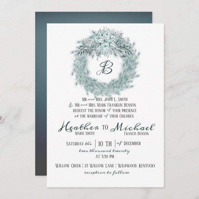 Invitation Élégant Mariage de Noël vert argent (Devant / Derrière)