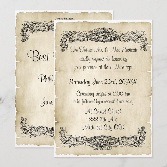 Invitation Élégant Mariage de parchemin de défilement Vintage (Devant / Derrière)