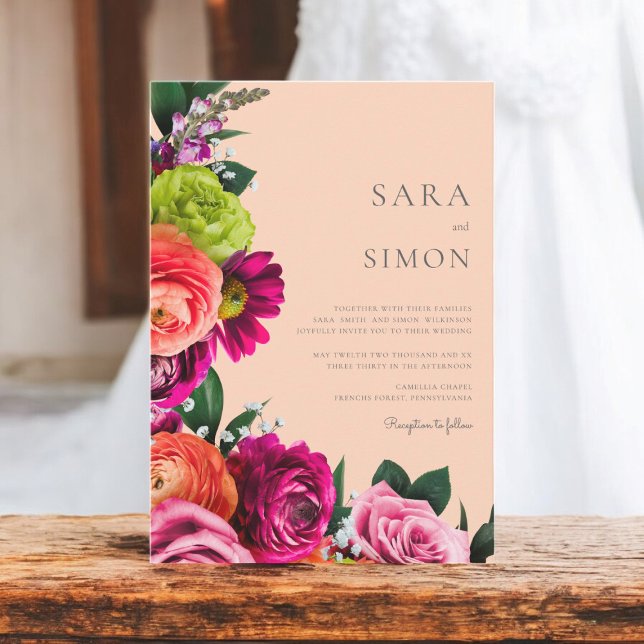 Invitation Elégant mariage de pêche floral moderne (vibrant florals on a light pink background wedding invitation 
)