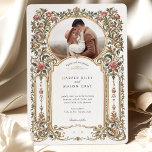 Invitation Élégant Mariage de photos florales d'or baroque<br><div class="desc">Annoncez votre journée spéciale avec cette faire-part de mariage opulente et personnalisée. Ce design exquis présente un somptueux cadre doré d'inspiration baroque, minutieusement détaillé avec des feuilles de l'acanthus défilant, des fleurs ornées, et un espace ovale en haut pour présenter votre photo fiançailles préférée. Le cadre magnifique est somptueusement orné...</div>