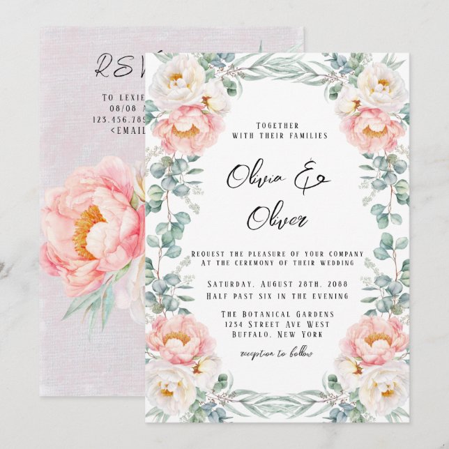 Invitation Élégant Mariage de pivoines roses et d'eucalyptus (Devant / Derrière)