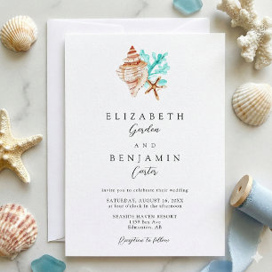 Invitation Élégant mariage de plage à l'aquarelle coquillages