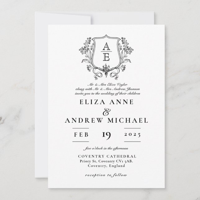 Invitation Élégant Mariage de poitrine de feuille de monogram (Devant)