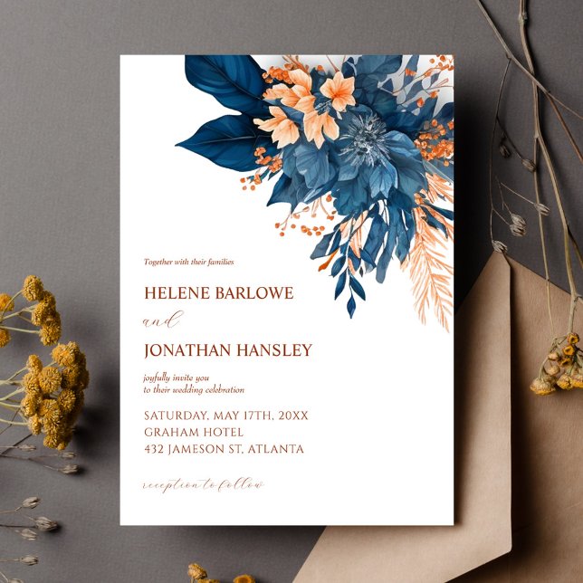 Invitation Elégant Mariage de rouille Indigo Floral (Elegant Floral Watercolor Indigo Rust Wedding Invitation)