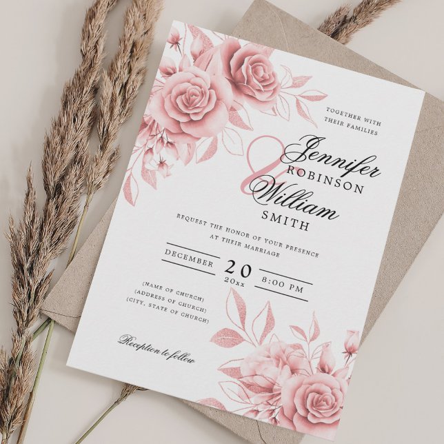 Invitation Élégant Mariage de script Blush Rose or Floral (Elegant Script Wedding Blush Rose Gold Floral Invitation)