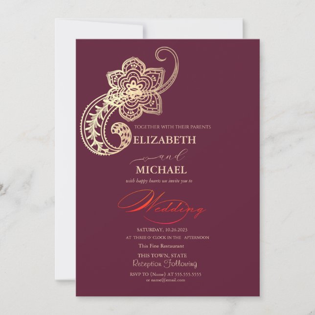 Invitation Élégant Mariage de script chic or Paisley (Devant)