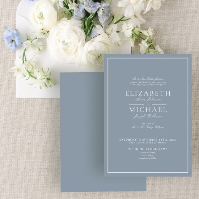 Invitation Élégant Mariage de script classique bleu Dusty (Créateur téléchargé)