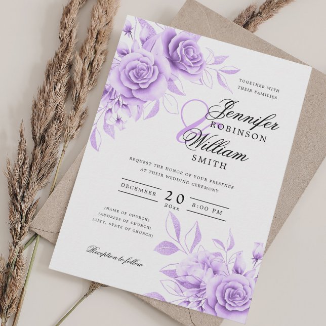 Invitation Élégant Mariage de script de fleurs pourpres avec  (Elegant Script Wedding Purple Floral w/ QR RSVP Invitation)