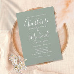 Invitation Élégant Mariage de script de signature moderne<br><div class="desc">Conçu pour coordonner avec notre collection Signature mariage. Doté de noms de style signature,  cet élégant faire-part de mariage à la sauge argentée peut être personnalisé avec vos informations en lettrage blanc chic. Vous pouvez customiser la couleur arrière - plan pour correspondre à votre thème mariage. Conçu par Thisisnotme©</div>