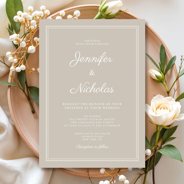 Invitation Élégant Mariage de script de style moderne (Elegant Modern Taupe Script Wedding Invitation)