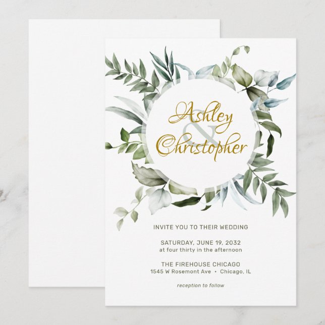 Invitation Élégant Mariage de script de verdure moderne (Devant / Derrière)