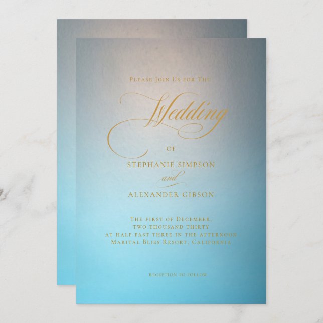 Invitation Élégant Mariage de script d'or Turquoise (Devant / Derrière)