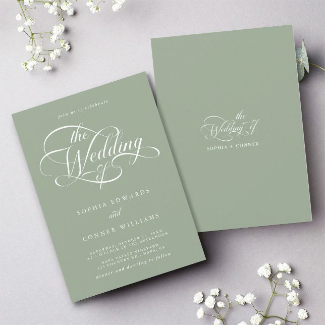 Invitation Élégant Mariage de script élégant Sage Vert (Front & Back)